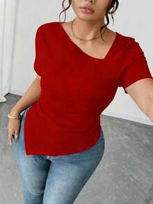 Camiseta de manga corta de cuello asimétrico para mujer talla grande, top ajustado versátil y elegante de alta gama, adecuado para primavera/verano - Rojo - Ver 4