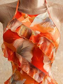 2026 Nuevo vestido de mujer con escote sexy, estampado floral y cuello halter, con diseño de volantes en el borde, estilo Y2K revival, estilo dulce y picante, look de vacaciones, para adultos jóvenes, tela transparente, ajuste ceñido, ligero.Adec - Naranja 2 - Ver 6