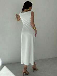 Vestido de mujer de cuello asimétrico blanco con volantes en la cintura, vestido elegante y sexy para ir al trabajo, de vacaciones, de moda y moderno, para primavera/verano, para ir al trabajo, elegante, sexy, de vacaciones, playa, Hawái, temporad - Blanco - Ver 2