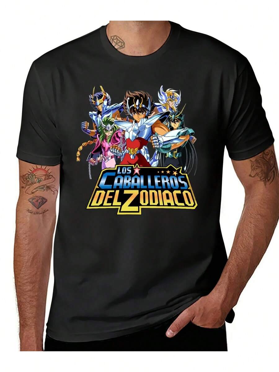 Camiseta de Anime para Hombres - Personajesónicos del Zodiaco (Seiya, Ikki, Shura, Dai) Estampado, Signos del Zodiaco Griego/Latino, Texto en Inglés, Manga Corta Casual Negra, Lavable aáquina, Corte Regular para Streetwear (Verano) - Negro - Ver 1