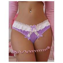 Women's Satin Bow Panty Lace Trim Low Rise Cute Bikini Underwear Silky Panty Brief - 紫色 - 查看 4
