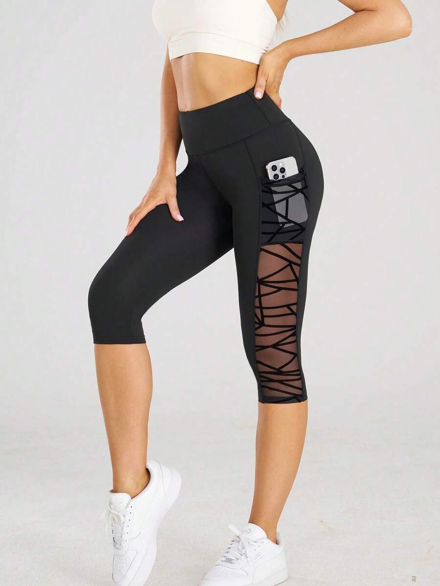 Pantalones cortos de Yoga de cintura alta, mallas con bolsillos, deportes, Fitness, pantalones de Yoga ajustados informales, mallas Capri de punto de malla cruzada lateral - Negro - Ver 1