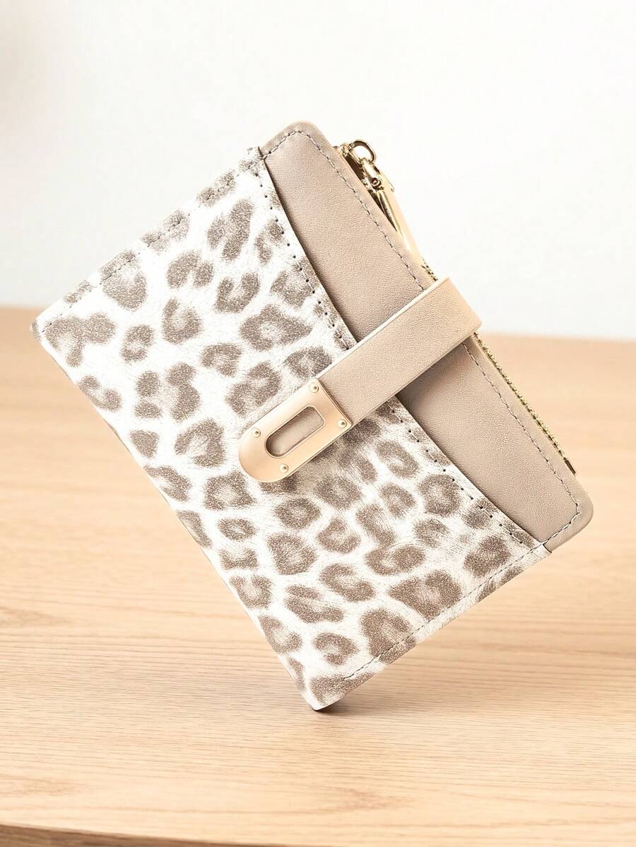 Classic Fashion Leopard Print Patchwork Short Wallet, Compact And Lightweight PU Wallet With Card Slots And Snap Closure