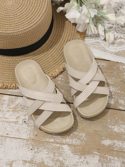 1 Pair Kids' Summer New Retro Criss-Cross Open Toe Slippers, Minimalist Soft Bottom Comfortable Slip-On Beach Sandals For Boys And Girls