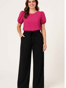 Casual Wide-Leg Pants, Knit Fabric, None, Pants, Office, Holiday - 黑色 - 查看 8