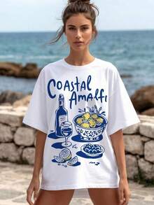 Camiseta de manga corta para mujer con estampado de limones de Amalfi, estilo casual, cuello redondo y hombros caídos. UZLM - Blanco - Ver 1