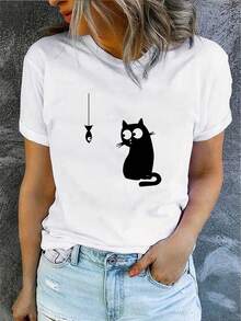 Women's Casual Spring Summer Short Sleeve T-Shirt With Cat Fishing Print, Loose Round Neck - 白色的 - 查看 7