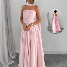 1pc Women Solid Color Halter Dress With Pleated Detail, Elegant Sleeveless Long Dress Maxi Women Outfit - Blanco - Ver 2