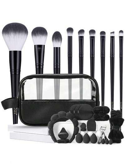 31pcs Makeup Brush Set, Including: 9pcs Makeup Brushes + 2 Headbands + 2 Wristbands + 1 Makeup Brush Cleaning Tool + 1 Waterproof Zipper Makeup Bag + 3 Round Powder Puffs + 3 Mini Makeup Sponges + 3 Makeup Sponges + 3 Mini Air Cushion Puffs + 3 Triangle Powder Puffs