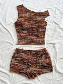 Eduarda Gutierrez  Conjunto de 2 piezas para mujer con top corto de punto a rayas y shorts ajustados de tiro súper bajo, atuendo adecuado para vacaciones, fiestas, Navidad, San Valentín, citas, playa, crucero, carnaval, Pascua, Año Nuevo Chi - Marrón - Ver 4