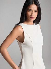 2026 Nueva Camiseta de Tirantes Ajustada de Cuello Redondo a Rayas de Color Albaricoque Minimalista, Adecuada para Trabajo/Casual de Negocios/Oficina, Top de Moda para Mujer - Blanco - Ver 5