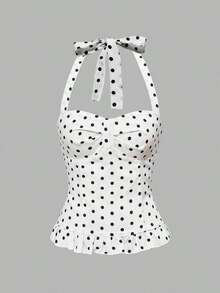 Avant Conjunto de camiseta sin espalda con cuello halter de estilo romántico de vacaciones con lunares y cuadros para mujer - Multicolor - Ver 2