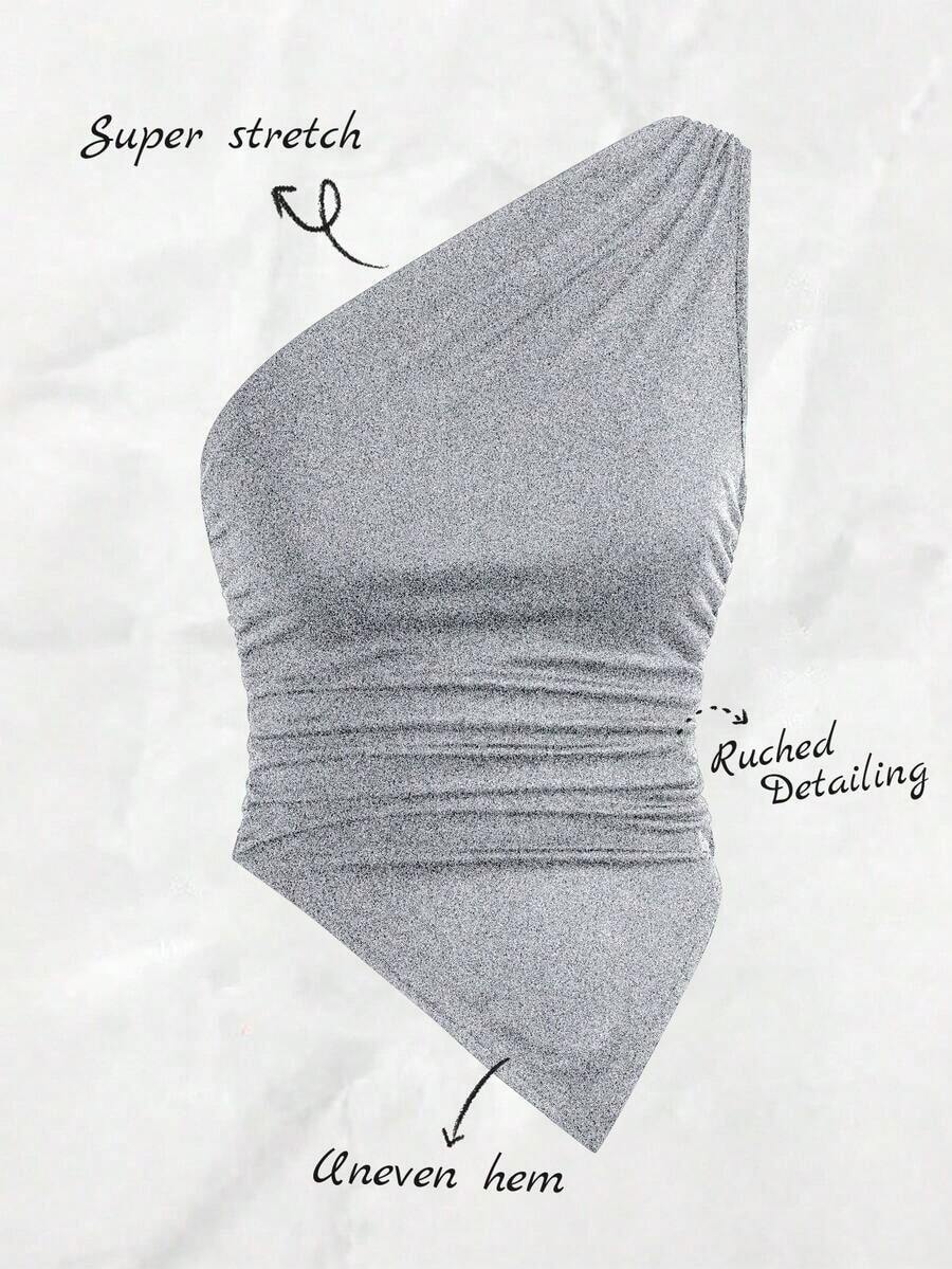 Blusa de verano casual y de vacaciones para mujer, minimalista, de unicolor, con pliegues, ajustada, con bajo asimétrico, top de un hombro, top de un hombro XXS para mujer, negro fruncido, body suit tops, tops, top de un hombro negro - Gris - Ver 1