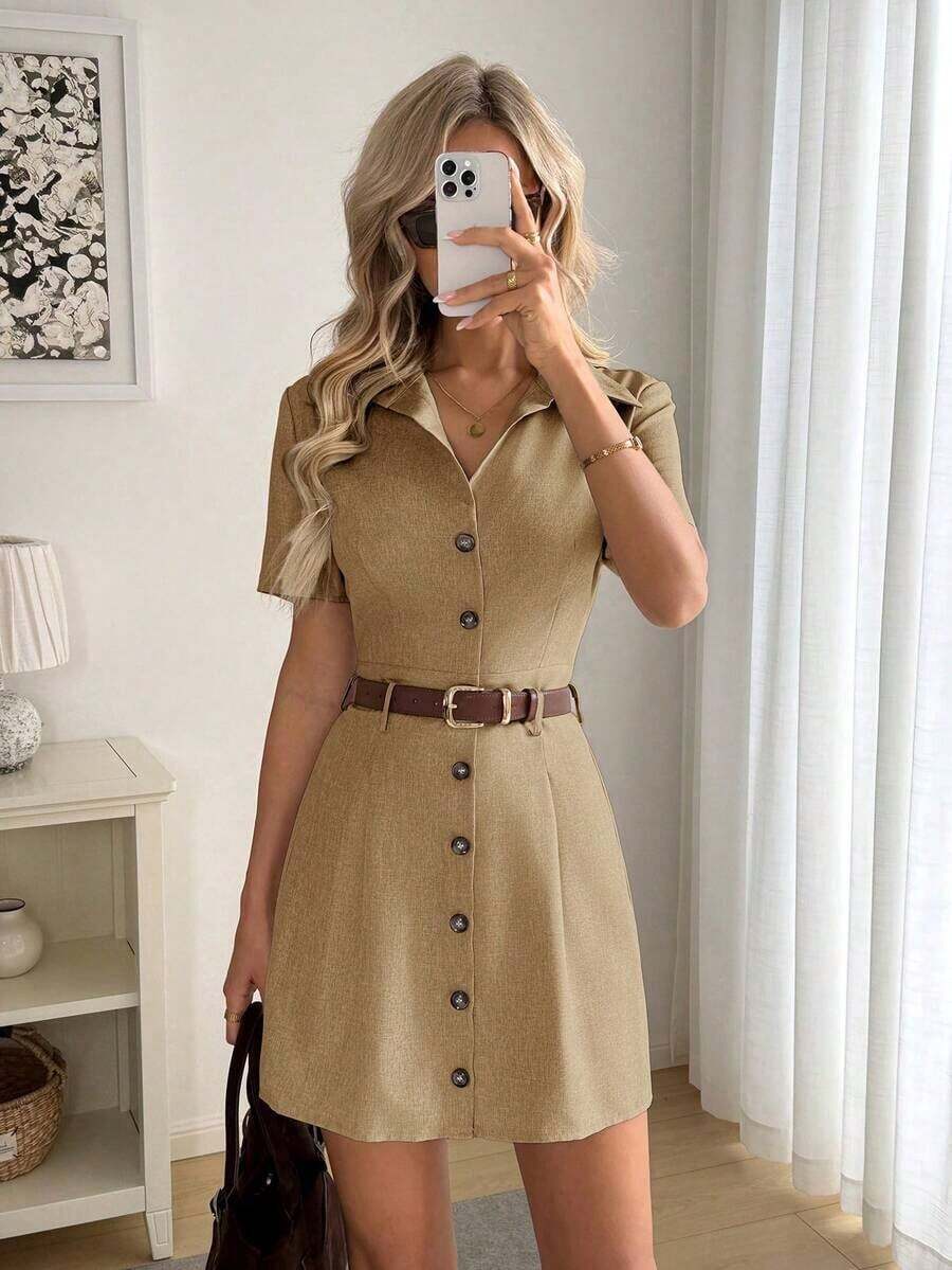 Vestido camisero de mujer de manga corta con rayas - Caqui - Ver 1