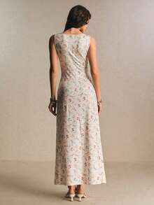 Vestido de verano con escote en V sin mangas con estampado floral diminuto para vacaciones en la playa - Blanco - Ver 2