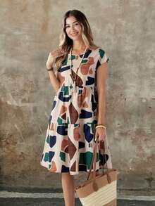 Vestido de mujer de manga corta con cuello redondo y estampado geométrico de verano - Multicolor 2 - Ver 4