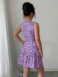 Vestido mini bohemio elegante francés con estampado floral sin mangas y cinturón para mujer, atuendo de graduación para primavera/verano - Morado - Ver 2