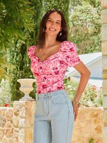 Blusa de mujer casual y elegante con estampado floral romántico y cuello en V, manga abullonada, para primavera/verano.Blusa floral de verano, blusa de primavera, blusa de manga abullonada, blusa floral, Blusa floral francesa suave del verano 2026 con cuello de corazón, manga abullonada y ajuste ceñido, blusa de manga corta linda para vacaciones, camisa delgada versátil para uso diario - Rosa - Ver 4