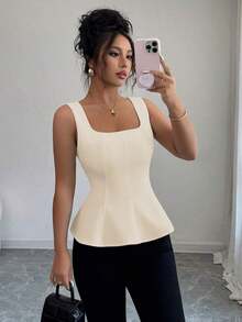 Blusa elegante de cuello cuadrado sin mangas para mujer, adecuada para la oficina, el transporte, el té de la tarde, las fiestas, las vacaciones y ocasiones casuales - Albaricoque - Ver 1