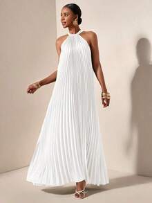 Vestido holgado de verano y primavera casual de vacaciones de cuello halter sin mangas con pliegues y bajo en A, color verde oscuro - vestido para mujer - Blanco - Ver 9