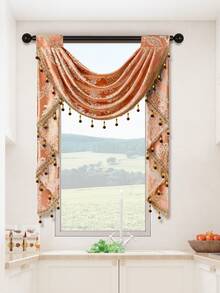 1pc Vintage Coin Jacquard Curtain With Delicate Pearl Trim And Hollow-Out Design, European Luxury Style Polyester Sheer Curtain, Suitable For Living Room And Bedroom Windows And Doors, Curtain Rod Not Included - Brown - View 9