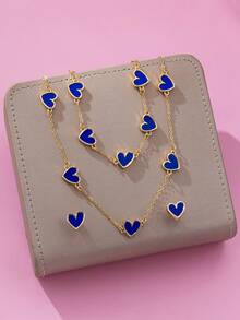 Conjunto de joias elegante e personalizado com 4 peças, incluindo colar, pulseira e brincos com pingente de coração azul banhado a ouro. Ideal para uso diário feminino e um presente perfeito para o Dia dos Namorados, namorada ou mãe. - Azul - Ver 5