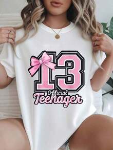 Camiseta Casual de Manga Corta para Mujer - Rosa con Lazo Número Trece, Estampado Oficial para Adolescentes, Cuello Redondo, Top de Verano, Lavable a Máquina, Camisetas para Damas, Ropa Casual, Estilo Moderno, Ajuste Cómodo  
 Negro - Blanco - Ver 1