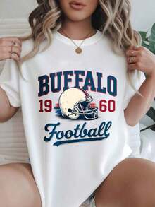 Camiseta Casual de Manga Corta para Mujer - Diseño de Casco de Fútbol Americano Buffalo 1960, Cuello Redondo, Top de Verano, Lavable a Máquina, Camisetas para Damas, Ropa Casual, Estilo Moderno, Ajuste Cómodo  
 -Blanco - Blanco - Ver 7