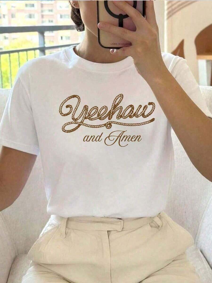 Short-Sleeved T-Shirt With Round Neck And "Yeehaw And Amen" Graphic Print, Women's Summer Top, Casual Cotton T-Shirt For Summer Vacation. - 白色 - 查看 1