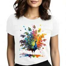 Tops para mujer Casual de Manga Corta para Mujer WXM% Algodón (Estampado Vibrante de Pavo Real) - s Estampadas / Tops para Mujer - Estilo Casual Negro (para Uso Diario y Paseos Relajados) - Mangas Cortas, Cuello Redondo, Corte Regular - El Regalo Perfecto para Cumpleaños o Días Festivos - Blanco - Ver 6