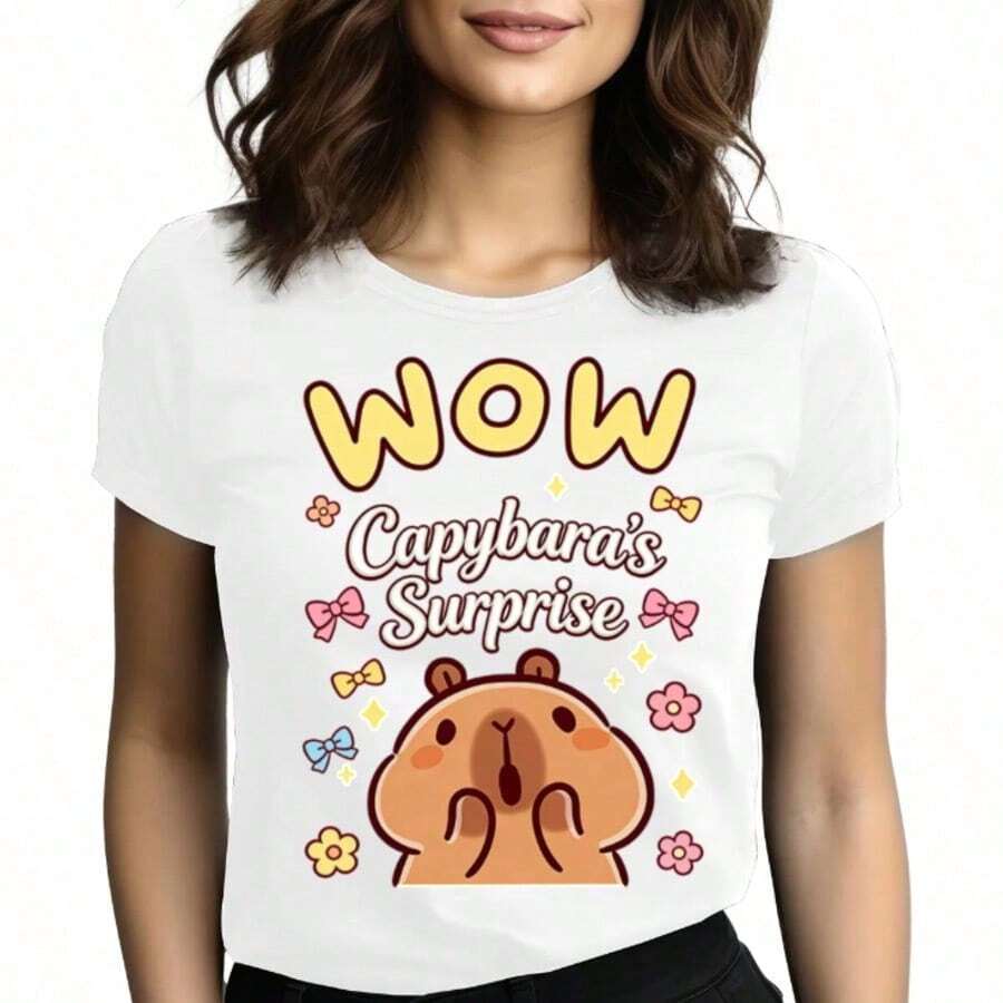 Tops para mujer de algodón de manga corta con cuello redondo y estampado de capibara para mujer, linda y casual, de corte regular. - Blanco - Ver 1