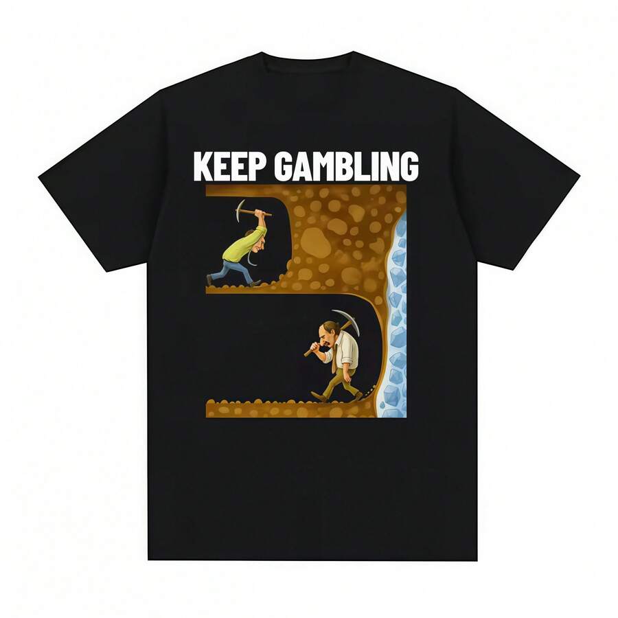 T-shirt amusant, T-shirt à manches courtes pour femmes dans un style gothique rétro, imprimé avec le texte anglais graphique "Keep Gambling", T-shirts personnalisés - Noir - Voir 1