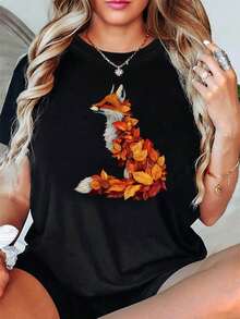 Women's T-Shirts, Women's T-Shirts, Autumn Leaf Fox, A T-Shirt With A Design That Combines Nature And Art - Casual Short-Sleeved Top With Round Neck, Artistic Style, Full Of Autumnal And Artistic Sense. - 1件白色隨機圖案 - 查看 6