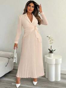 Vestido elegante de oficina y para ir al trabajo con cintura ceñida, estilo de vestido de camisa abotonada y plisada para bodas y eventos, otoño/invierno - Celeste - Ver 10