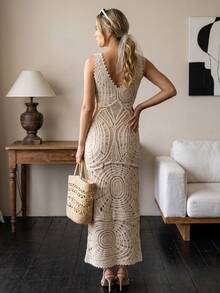 Bohemian Style Women's Crochet Dress, V-Neck Sleeveless Hollow Waist Fitted Dress, Summer Beach Holiday Wedding Guest Dress - Apricot - View 6