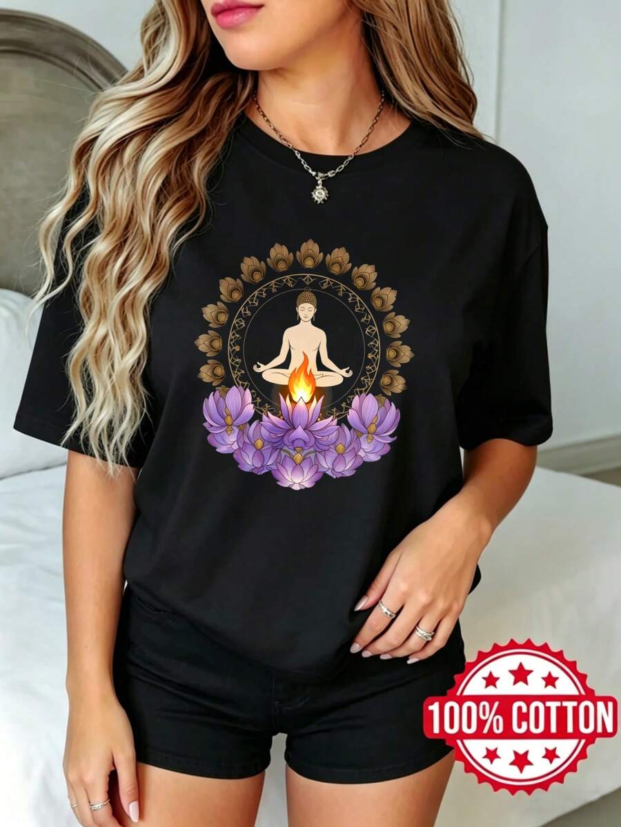 Camiseta negra de manga corta, cuello redondo y estampado para mujer de verano Figura de Yoga Llama Loto Flor S-3XL moda 100% aodón material transpirable