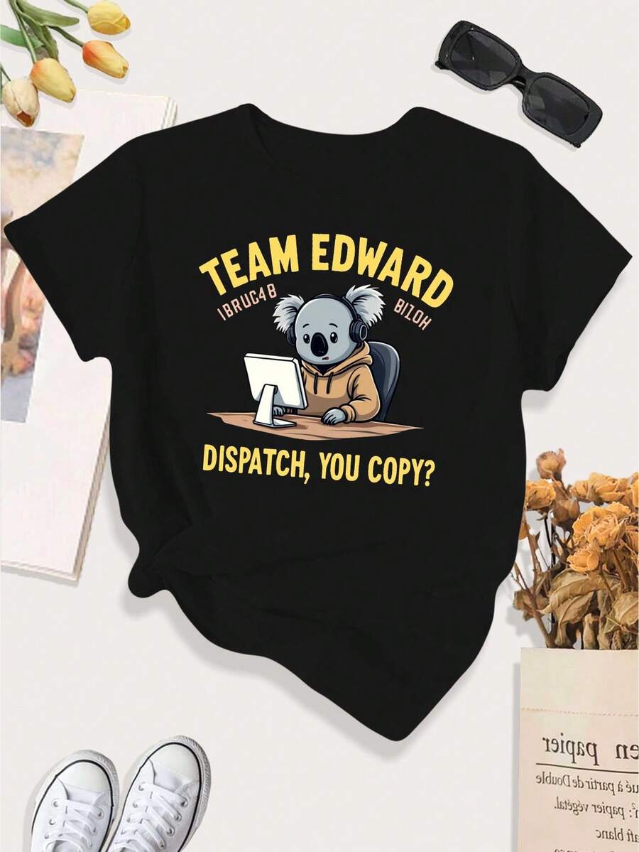 Camiseta de mujer, talla grande, estilo casual deportivo, con diseños del Equipo Edward y de canguro, perfecta para el almuerzo del viernes. - Negro - Ver 1