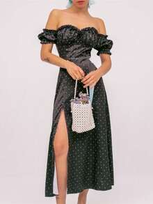 Vestido largo primavera con estampado floral volantes y abertura alta estilo europeo elegante para mujer - Negro - Ver 5