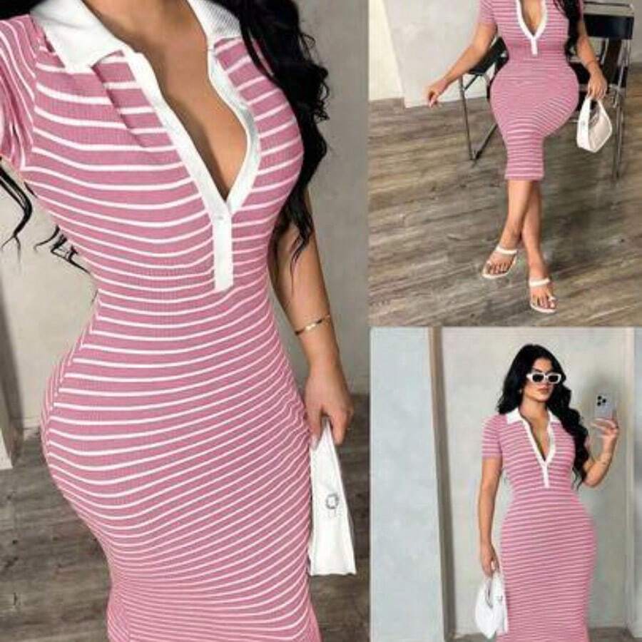 Women's Casual Minimalist Fashion Commuter Style Short Sleeve Black & White Striped Polo Dress, Knit High Stretch Fitted Mid-Length Dress, French Elegant Dress V Neck Striped Dress Striped Bodycon Dress Curve Casual Dress V Neck Dresses Women Bodycon Summer Dress - Rosa - Ver 1