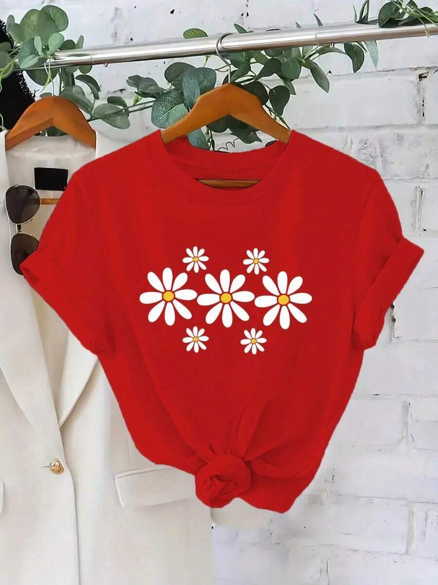 Camiseta de manga corta de verano 100% algodón para mujer, estampada, a la moda, transpirable, combina con todo, 100% algodón. - Rojo - Ver 1