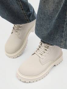 Men's Fashion Round Toe High-Top Boots, Thick Sole Anti-Slip Work Boots, Retro Ankle Boots For Men, Outdoor Wear In Winter, Plus Size - White - View 4
