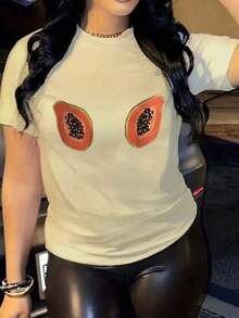Women's Short-Sleeved Blouses, Soft Cotton Papaya Print T-Shirt, Gift For Friends, Valentine's Day, Summer Outfit, Fashionable Women's Summer Dresses, Casual, Perfect For All Seasons, Gym And Y2K Style, Round Neck, 100% Cotton, Soft Fabric, Short Sleeve, 100% Cotton. - 杏 - 查看 3