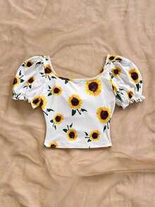 Estilo bohemio, floral romántico, estilo de vacaciones, blusas con estampado floral con temática del 4 de julio, blusas de vacaciones, blusas con cuentas, blusas de fiesta, blusas de tirantes, blusas cortas con temática del 4 de julio para mujeres, - Amarillo - Ver 2