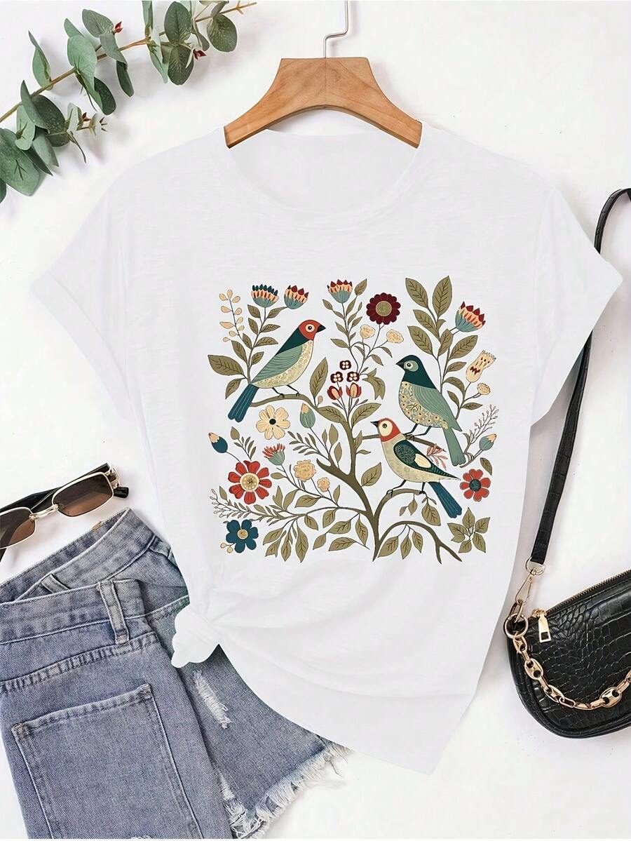 Women's Pure Cotton T-Shirt, Casual And Sporty Style, Bird And Flower Print, Round Neck, Short Sleeve, Blouses For Going Out At Night For Women. - 白色 - 查看 1