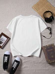 Camiseta de manga corta con cuello redondo, estampado floral, corte holgado, de tela suave, para mujer, estilo casual urbano. - Blanco - Ver 3