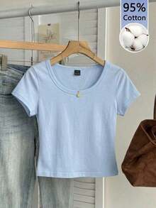 Camiseta ajustada de mujer de cuello de pico, manga raglán, color azul claro, estilo minimalista casual, 95% algodón - Celeste - Ver 1