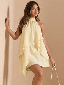 Vestido de satén de línea A con escote halter y espalda descubierta de unicolor amarillo/crema, adecuado para primavera/verano, vacaciones, playa, invitada elegante de boda, fiestas, ocasiones de otoño/invierno, Navidad elegante, Halloween - Amarillo - Ver 5