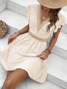 Vestido de verano con cintura fruncida y mangas de mariposa para mujer con cuello en V y estilo elegante - Albaricoque - Ver 4