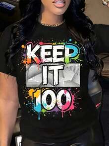 Camiseta gráfica de manga corta para mujer "Keep It 100" - Diseño de texto tridimensional plateado - Camiseta casual de cuello redondo para uso diario y ocio. - Negro 2 - Ver 7