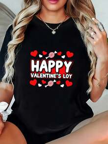 Camiseta negra uni de manga corta y cuello redondo con estampado gráfico de Feliz Día de San Valentín, transpirable, cómoda y económicara hombre, con textura, 100% festival, ligera elasticidad, tela transpirable, camiseta de vacaciones - Negro - Ver 2